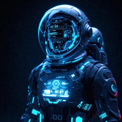 The primary subject of the image is a futuristic space suit with a blue and black color scheme. The suit is adorned with various electronic components and displays, giving it a high-tech and advanced appearance. The setting is a dark background, which further emphasizes the suit's glowing and illuminated features. The visual style is a combination of digital art and illustration, creating a striking and detailed representation of the space suit. The colors and mood convey a sense of mystery, innovation, and adventure,